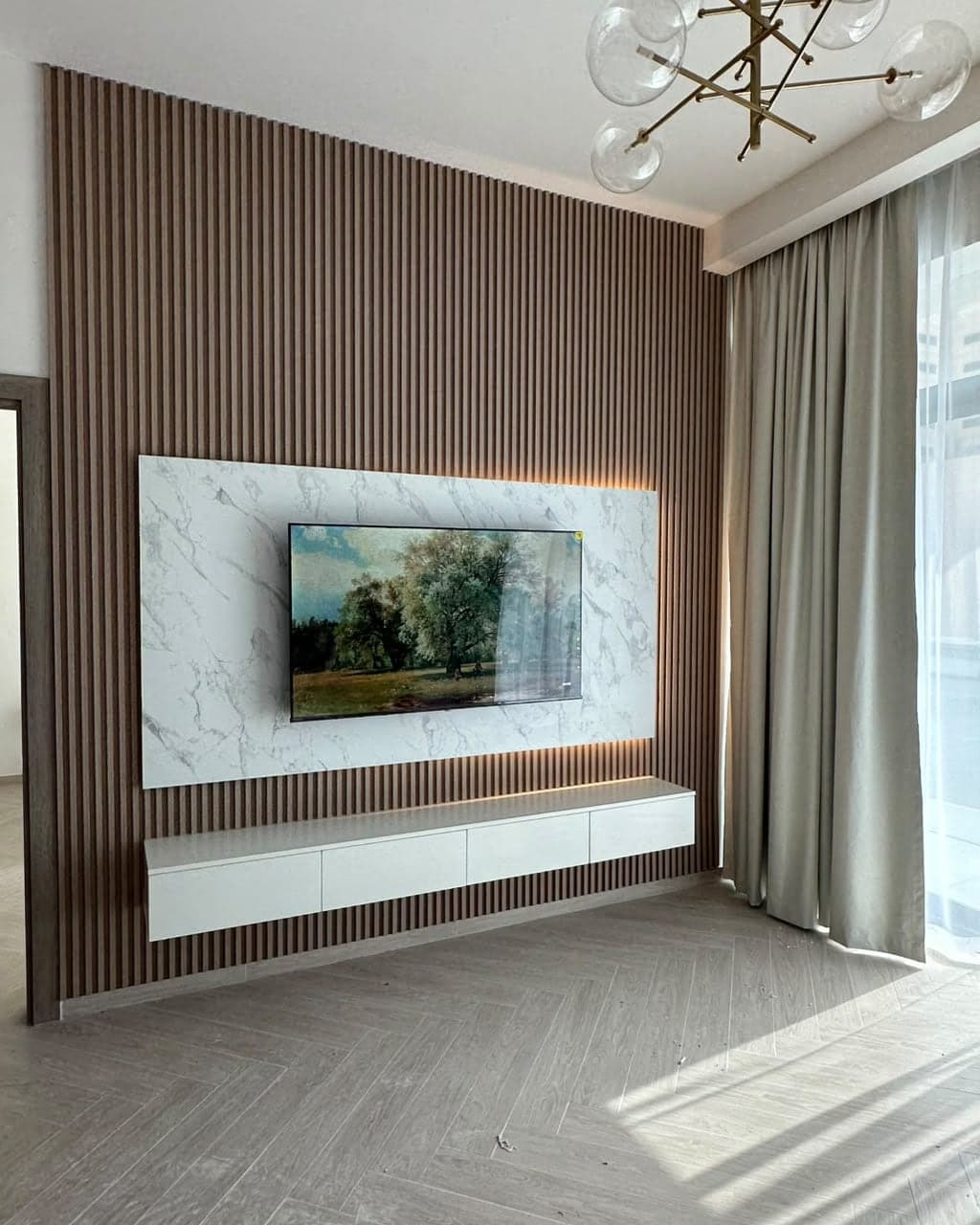 Media Walls with Display Shelving — Living Room